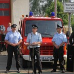Beginn der großen Reden: der stellvertretende Ortsbrandmeister Kai Giza, Ortsbrandmeister Klaus-Dieter Schröder, Stadtbrandmeister Martin Dannhauser und Bürgermeister Dr. Thomas Gans --- Fotos: K.H.Bleß