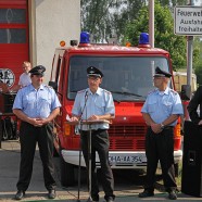 Beginn der großen Reden: der stellvertretende Ortsbrandmeister Kai Giza, Ortsbrandmeister Klaus-Dieter Schröder, Stadtbrandmeister Martin Dannhauser und Bürgermeister Dr. Thomas Gans --- Fotos: K.H.Bleß